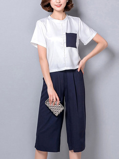 Blue and White Two Piece Shirt Pants Plus Size Jumpsuit for Casual Office Evening