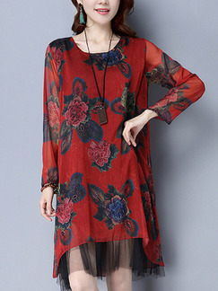 Red Colorful Shift Knee Length Plus Size Long Sleeve Floral Dress for Casual Office Evening Party