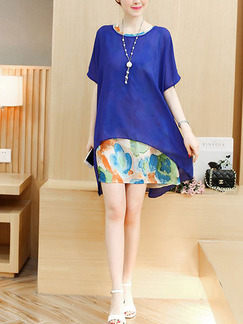 Beige Blue Colorful Shift Above Knee Plus Size Dress for Casual Office Evening