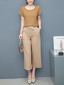 Brown and Apricot Two Piece Shirt Pants Plus Size Jumpsuit for Casual Office Evening