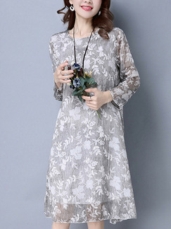 Grey and White Shift Knee Length Plus Size Long Sleeve Dress for Casual Office Party