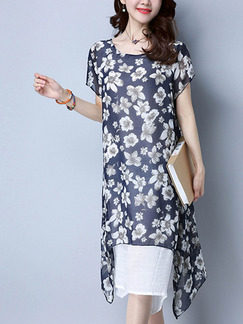 Blue and White Shift Midi Plus Size Floral Dress for Casual Office Beach
