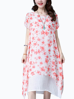 Red and White Shift Midi Plus Size Floral Dress for Casual Office Beach