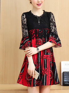 Red and Black Shift Above Knee Plus Size Lace Dress for Casual Office Evening Party
