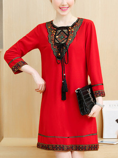 Red Colorful Shift Above Knee Plus Size Long Sleeve Dress for Casual Office Evening Party