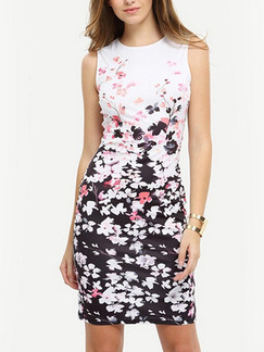 Black and White Colorful Bodycon Above Knee Floral Dress for Casual Office Evening Party