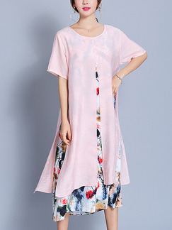 Pink Colorful Shift Midi Plus Size Dress for Casual Office Party