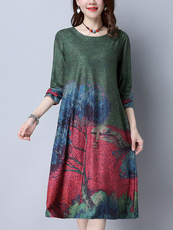 Colorful Shift Knee Length Plus Size Long Sleeve Dress for Casual Office Evening Party