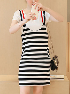 Black and White Stripe Shift Above Knee Slip Plus Size Dress for Casual Office Party