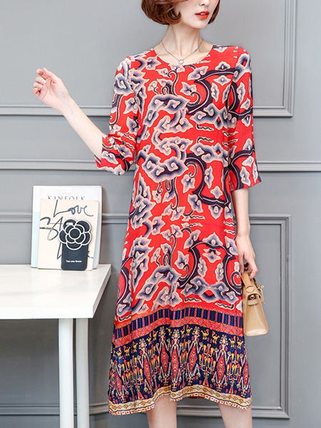 Red Colorful Shift Knee Length Plus Size Dress for Casual Party