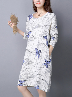 White and Blue Shift Knee Length Plus Size Long Sleeve Dress for Casual Office