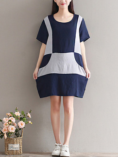 Blue and Grey Shift Above Knee Dress for Casual Party