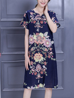 Blue Colorful Shift Knee Length Plus Size Floral Dress for Casual Party