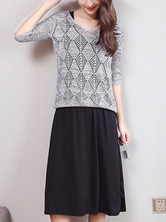 Grey and Black Knitted Knee Length Dress for Casual