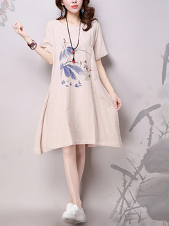 Beige and Blue Shift Knee Length Plus Size Dress for Casual Party