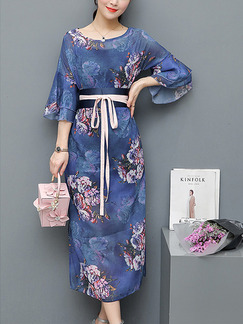 Blue Colorful Midi Floral Plus Size Dress for Casual