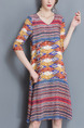 Colorful Shift Knee Length Plus Size V Neck Dress for Casual Office Evening Party