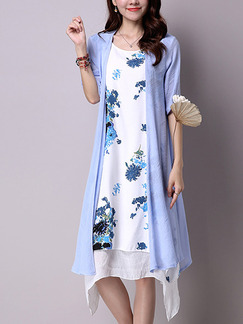 Blue and White Shift Knee Length Plus Size Dress for Casual