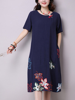 Blue Colorful Shift Knee Length Plus Size Dress for Casual