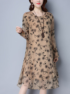 Brown Shift Knee Length Plus Size Long Sleeve Dress for Casual Office Party Evening