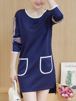 Blue Shift Above Knee Plus Size Long Sleeve Dress for Casual Office Evening Party