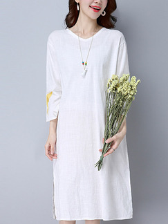 White Shift Knee Length Plus Size Long Sleeve Dress for Casual