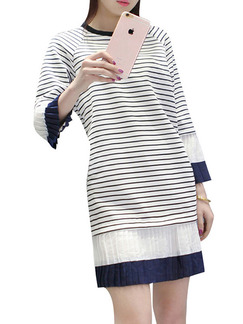 Blue and White Shift Above Knee Plus Size Long Sleeve Dress for Casual Office Party Evening