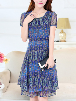 Blue Colorful Fit & Flare Above Knee Plus Size Dress for Casual Office Party Evening