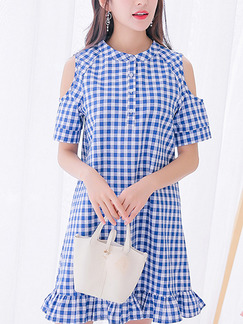 Blue and White Shift Above Knee Plus Size Dress for Casual Party