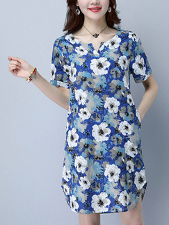 Blue Colorful Shift Above Knee Plus Size Floral Dress for Casual Party