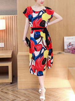 Red Colorful Midi Plus Size Dress for Casual Office Party Evening