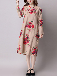 Brown and Red Shift Knee Length Plus Size Floral Long Sleeve Dress for Casual Party