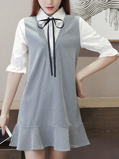 Grey and White Shift Above Knee Plus Size Shirt Dress for Casual Office Evening