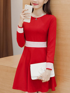 Red Fit & Flare Above Knee Plus Size Long Sleeve Dress for Casual Office Evening
