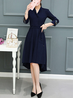 Blue Fit & Flare Knee Length Plus Size V Neck Wrap Dress for Casual Office Evening