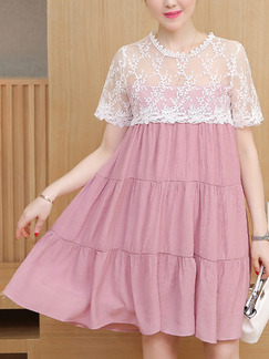 Pink and White Shift Above Knee Plus Size Cute Lace Dress for Casual Party