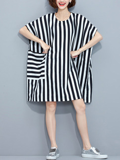 Black and White Stripe Shift Knee Length Dress for Casual Party