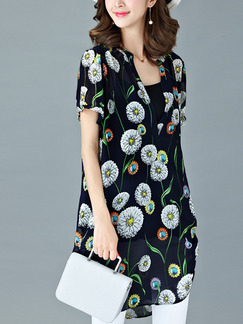 Blue Colorful Shift Above Knee Plus Size T-Shirt Floral Dress for Casual Office Evening Party