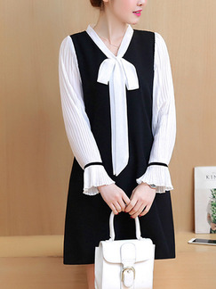 Black and White Shift Above Knee Plus Size Long Sleeve V Neck Dress for Casual Office Evening