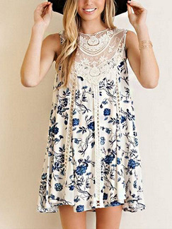 White and Blue Floral Shift Above Knee Plus Size Lace Dress for Casual Beach Party
