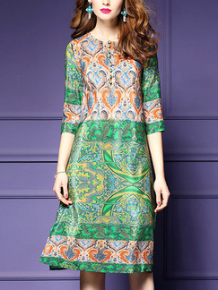 Green Colorful Shift Knee Length Plus Size Dress for Casual Office Evening