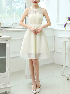 White Fit & Flare Above Knee Halter Dress for Bridesmaid Prom