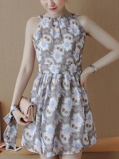 Grey Colorful Fit & Flare Above Knee Halter Dress for Casual Party