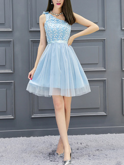 Blue One Shoulder Fit & Flare Above Knee Dress for Bridesmaid Prom Party