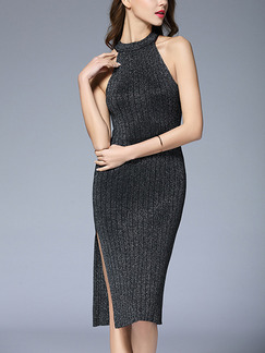 Black Bodycon Knee Length Halter Knitted Dress for Casual Office Evening