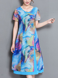 Blue Colorful Shift Knee Length Plus Size Dress for Casual Party