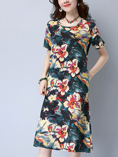 Colorful Shift Knee Length Plus Size Floral Dress for Casual