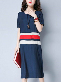 Blue Red and White Shift Knee Length Plus Size Dress for Casual