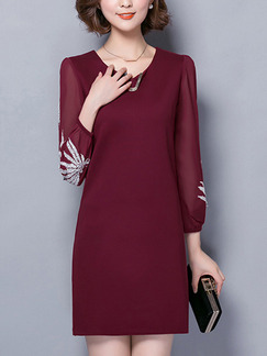 Red Sheath Above Knee Plus Size Long Sleeve Dress for Casual Office Evening