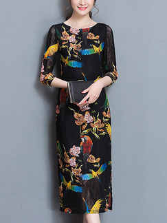 Black Colorful Sheath Midi Plus Size Dress for Casual Office Evening